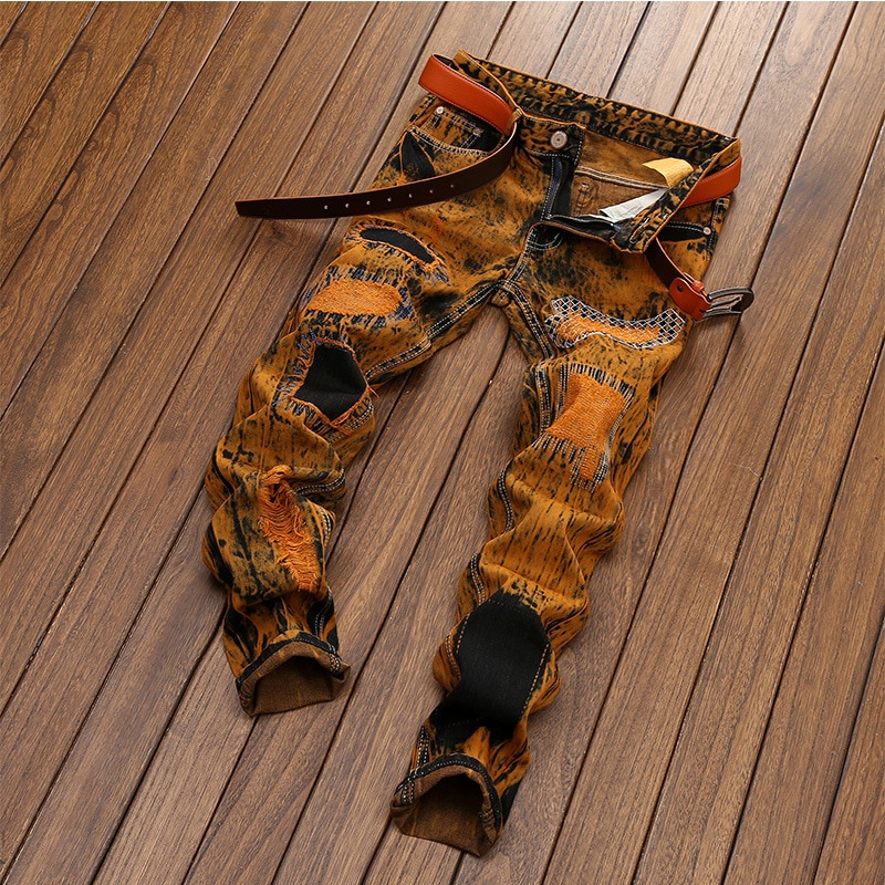 Heren jeans met gatenpatch, bedrukte gescheurde denim broek voor heren, herfst heren hiphop patchwork jeans broeken