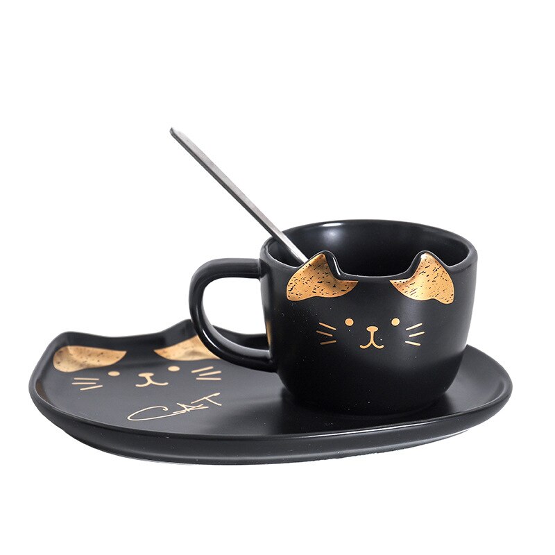 200ML Keramik Kaffee Tasse und Untertasse setzt SchöNe Gold Katze Kekse Kaffee Becher mit Wüsten Platte Büro oder hause