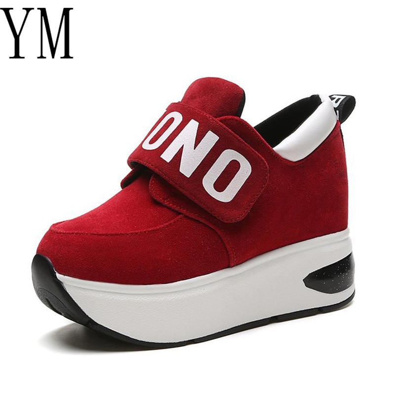 Wiosna jesień zwiększone 8cm płaskie buty na platformie z pętelką na rzepy zwykły słodkie damskie trampki płytkie buty damskie 35-40