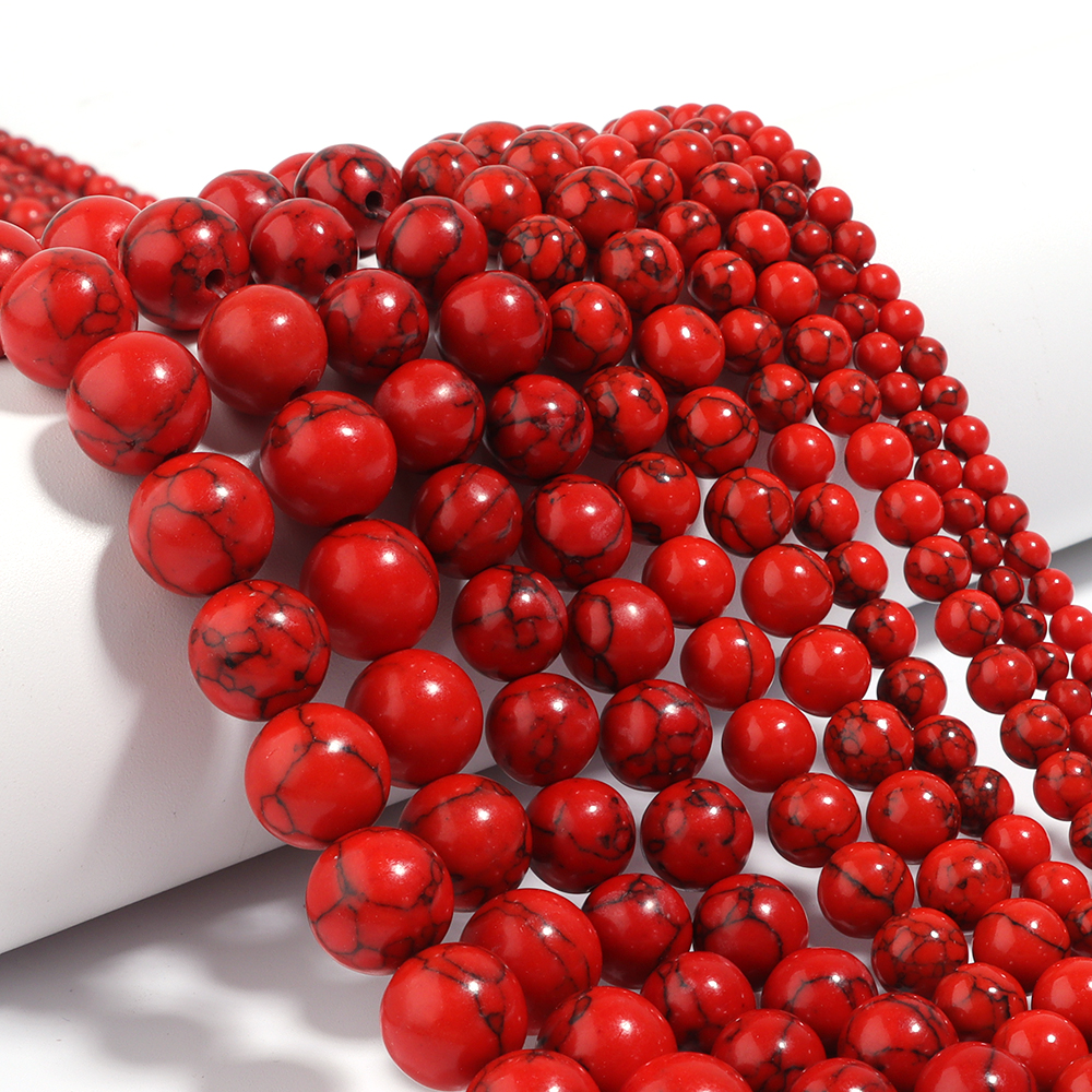 Perles Rondes en Pierre Turquoise Naturelle Rouge, Couleur Noire, 4, 6, 8, 10, 12mm, pour Bricolage, Bracelet, Collier, Bijoux