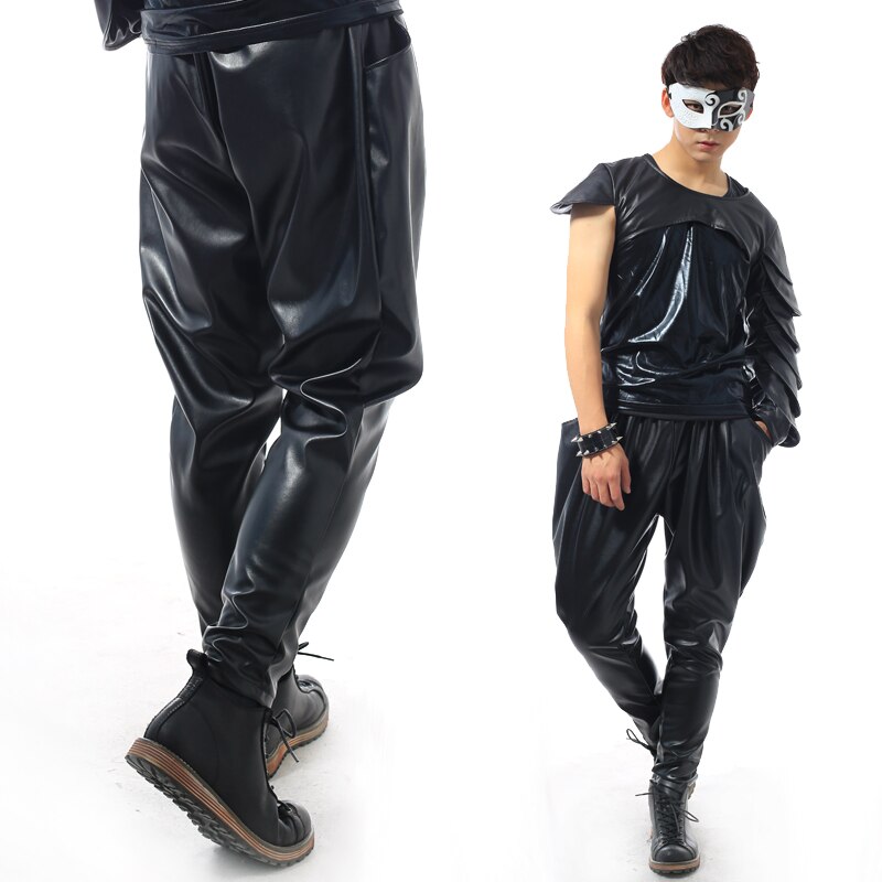 Big yards men's pants A male singer DJ club costumes Black skinny elastic leather pants The singer's clo