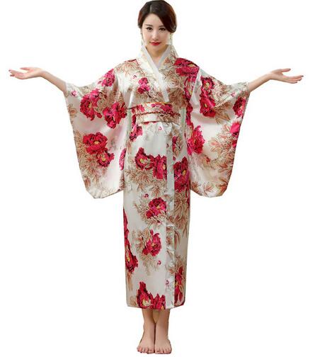 Kimono en soie et rayonne Yukata pour femmes, tenue de soirée Vintage avec fleurs Obi, Costume Cosplay, taille unique