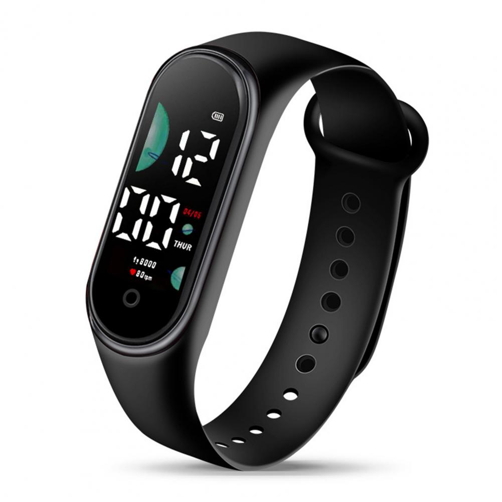 Elektronisk barneklokke sport vanntett armbåndsur stor skriftskjerm led-skjerm lysende automatisk dato full kalender digital klokke: Svart