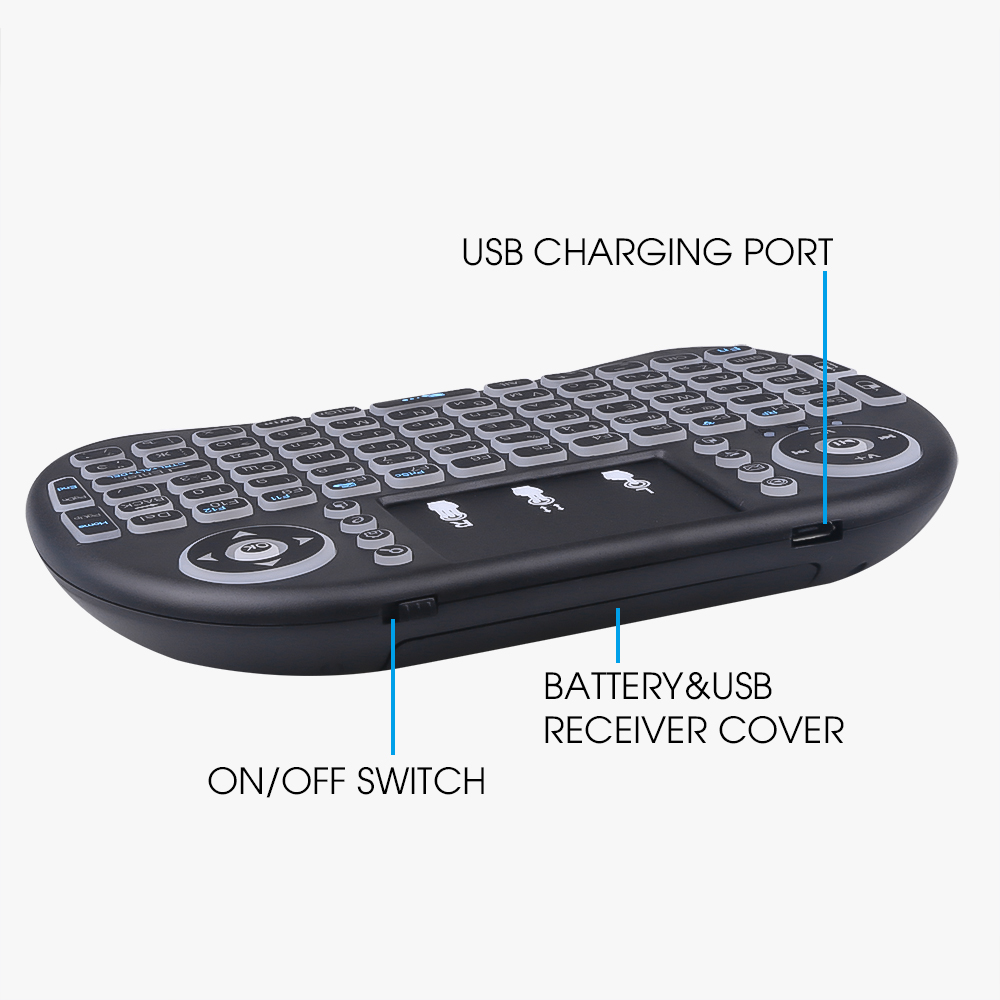 3-farbige hintergrund beleuchtete i8 Mini-Tastatur 2,4 GHz Luftmaus englische russische Tastatur mit Touchpad-Handheld für Android-TV-Kasten