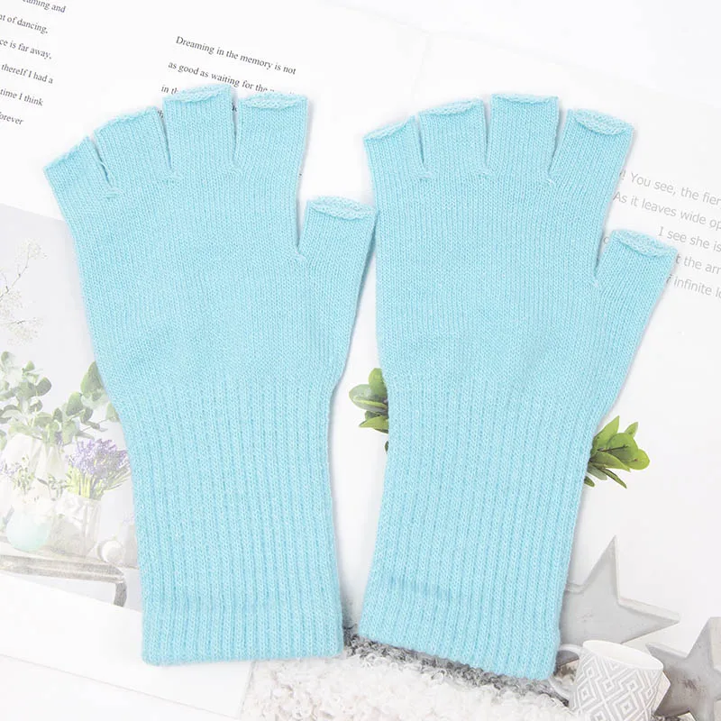 Guantes sin dedos de medio dedo para hombre y mujer, manoplas de punto de lana y algodón, color blanco y negro, cálidos para trabajo, otoño e invierno, novedad de 2022: Azul lago