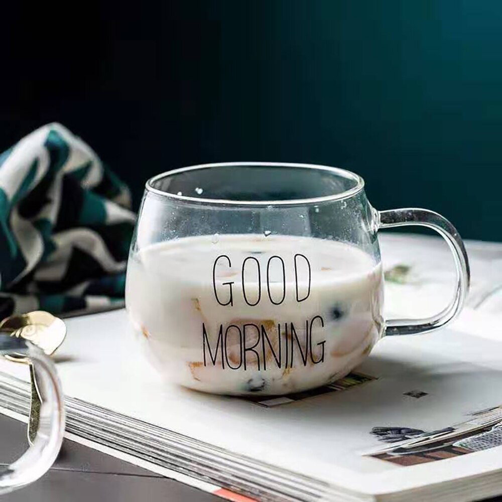 Vidrio vientre tazas Estilo corto transparente desayuno taza de alta temperatura resistencia creativa café té de la leche de yogur de avena tazas