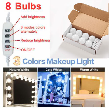 Bombillas LED para Espejo de Maquillaje, Luces de Pared Regulables con USB, para Tocador de Baño, Estilo Hollywood: 8 bulbs