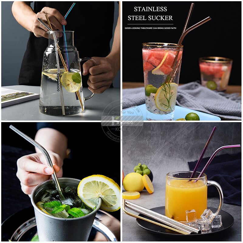 Konco Metal Straws Stainless steel reusable Straw Tea Coffee drinking Straws with clean brush Portable straw bags