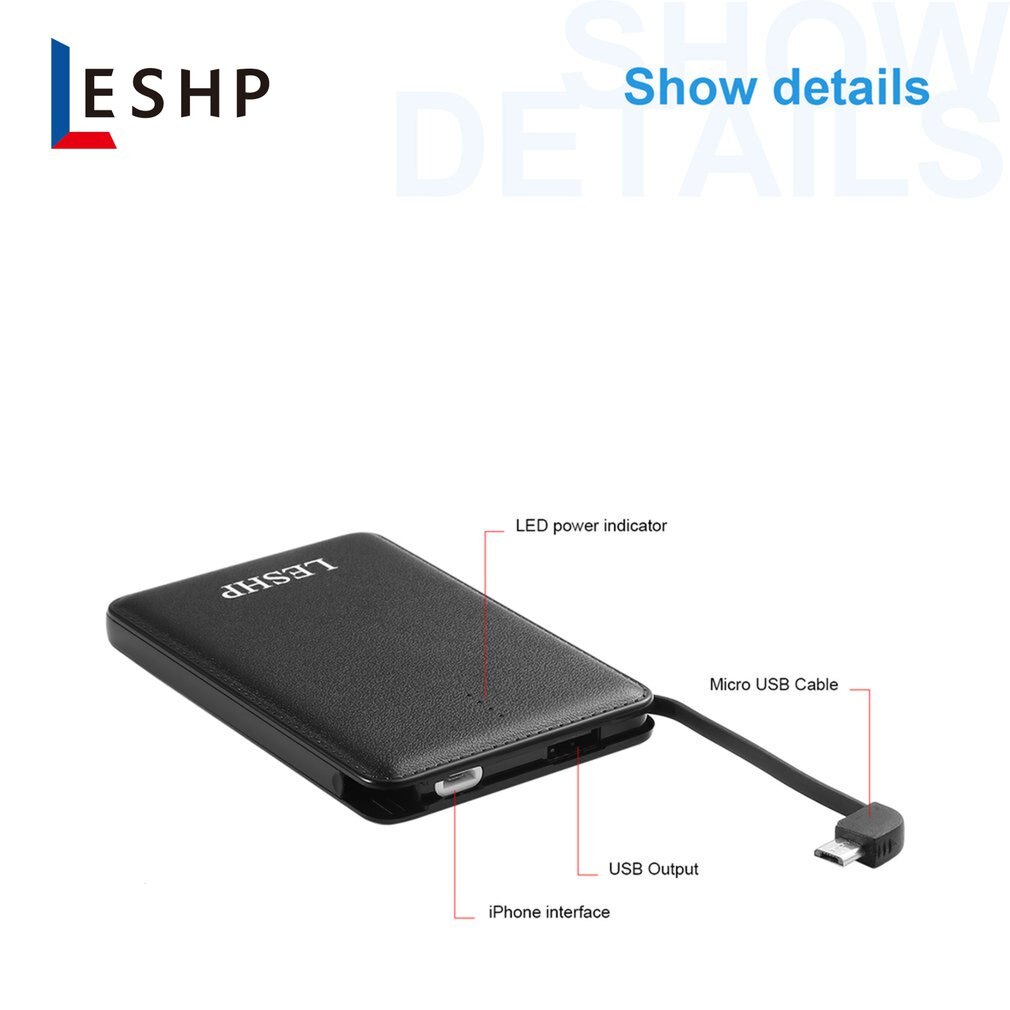 LESHP Black Super-high 5000mAh Capacity 5V 1A Lightweight Portable Easy to Carry Compact Fast-charging Power Bank