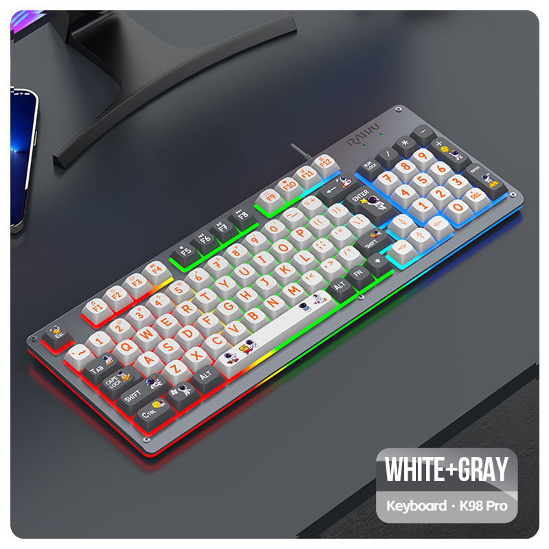 Gaming-Tastatur-Maus-Set im Mecha-Stil, kabelgebunden, Regenbogen-Glühen, Hintergrundbeleuchtung, 98 Tasten, Metallplatte, Laptop-Desktop: Silber