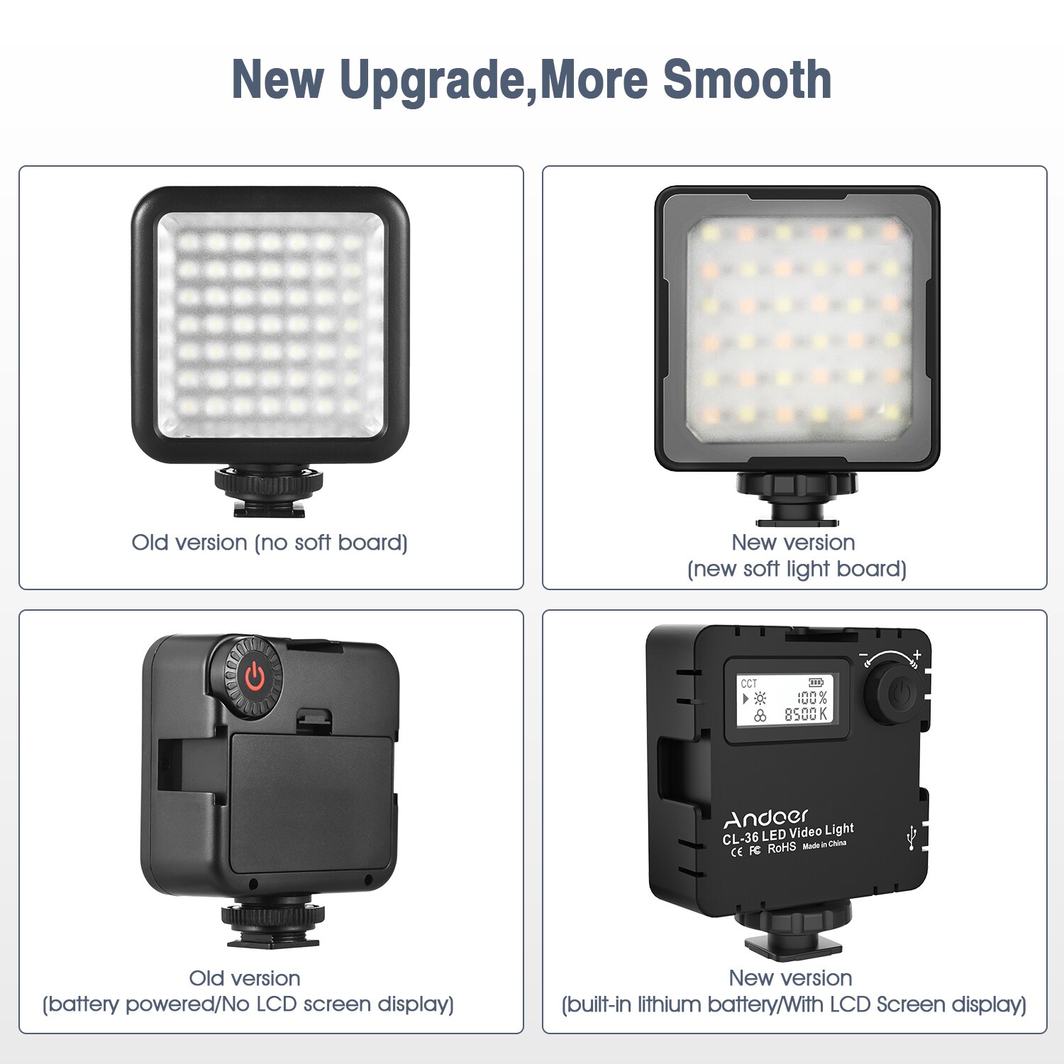 Andoer CL-36 Mini Bi-color Lámpara de luz LED para Video 2800K-8500K regulable Luz de relleno con 3 Zapata fría soportes LCD blog para la cámara