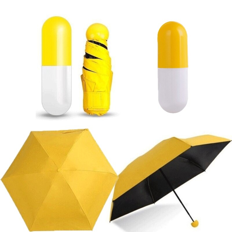Miniparaguas plegable con caja para pastillas, sombrilla portátil de viaje, a prueba de lluvia, protección UV: Amarillo