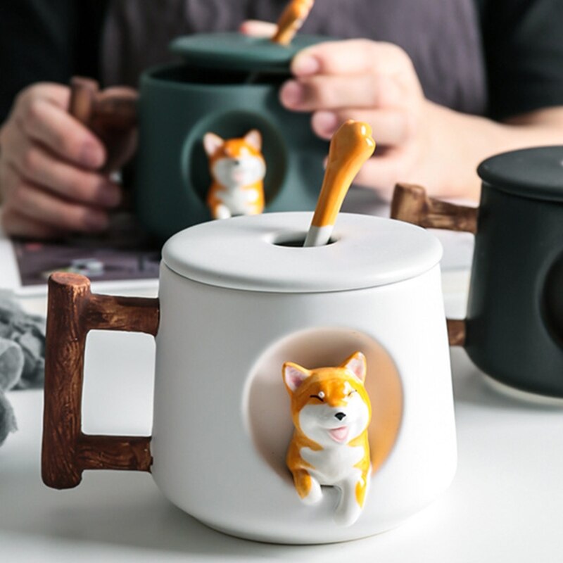 Taza de cerámica con dibujos de animales Shiba Inu para hombre y mujer, creativa, pareja con tapa, cuchara para beber, taza de agua café