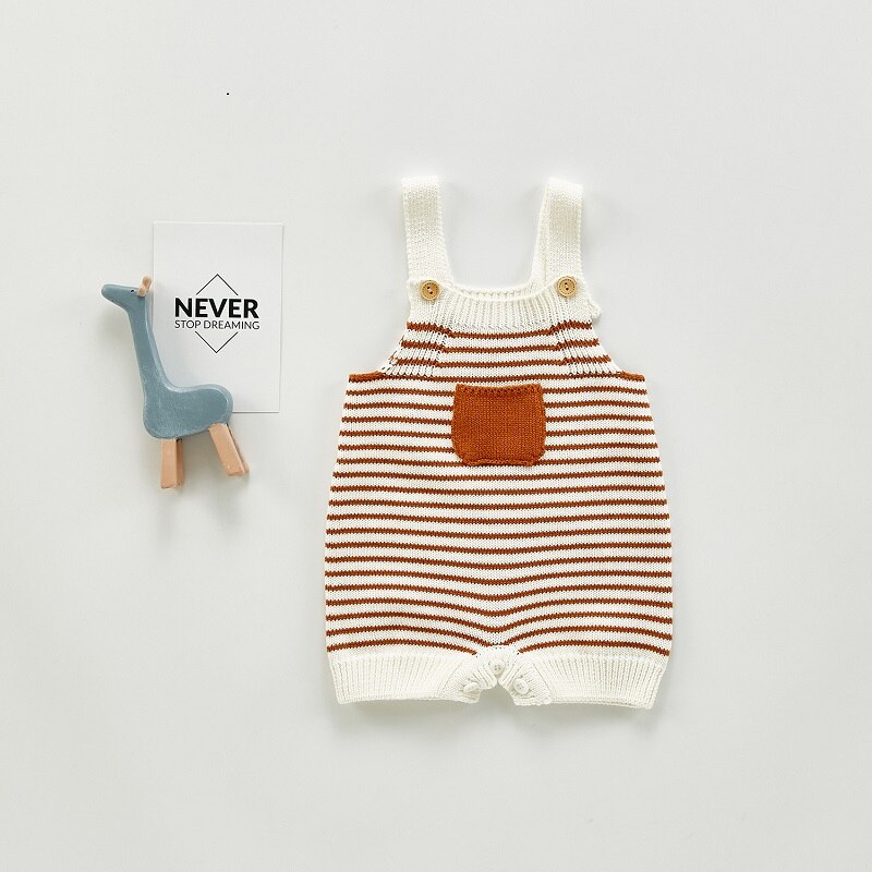 Printemps automne vêtements pour bébés rayé poche tricot Nebworn bébé filles garçons barboteuse coton gilet mignon laine ensemble tenues pour tout-petits: Chocolat / S-6-12M