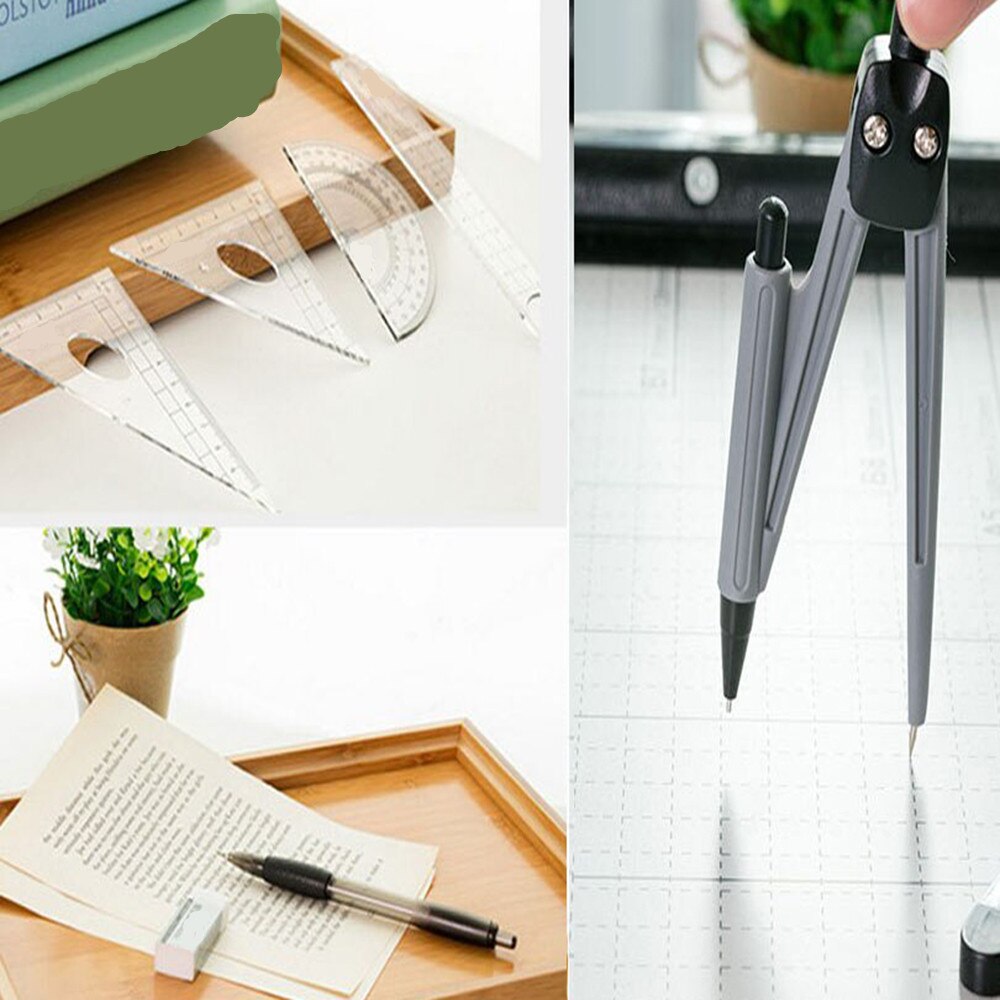 8 pcs/set Protractor Drawing Triangle Eraser Compasses Set Math Eraser Ruler For Students School Supplies