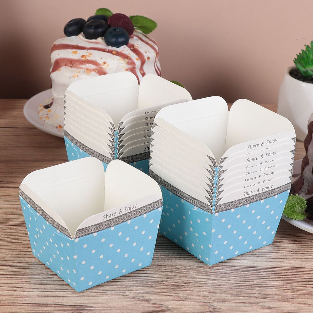 100pcs Paper Cupcake Cups Square Disposable Cake Cup Heat-resistant Dessert Bowls Mini Cake Box Party Supplies (Blue Dot): Blue