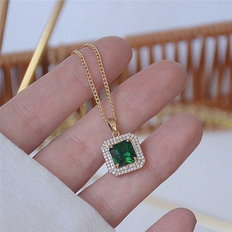 Elegante Grüne Zirkon Schlüsselbein Kette Halskette Für Frauen Shiny Kristall Anhänger Halskette Vintage Party Hochzeit Schmuck