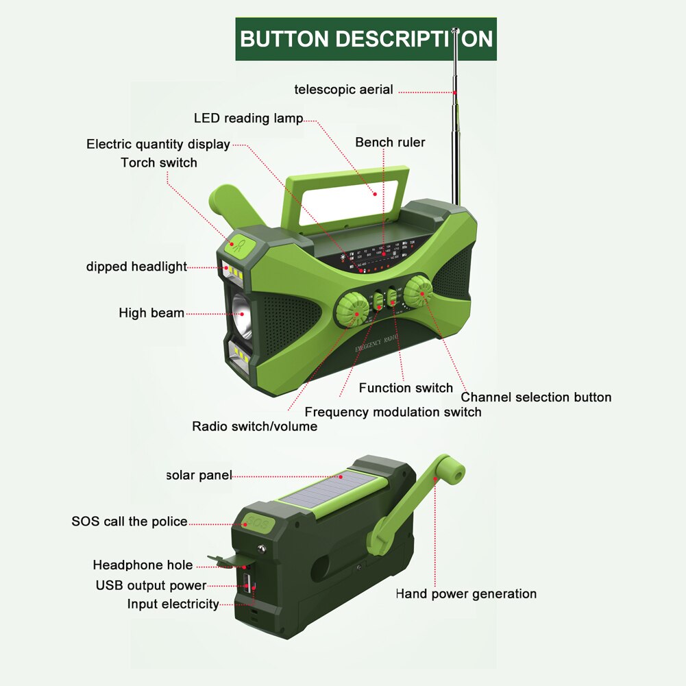 Multifunctional Hand Crank Electric Generator Portable Radio AM/FM/NOAA Emergency Radio USB Solar Power Supplys LED Flashlight