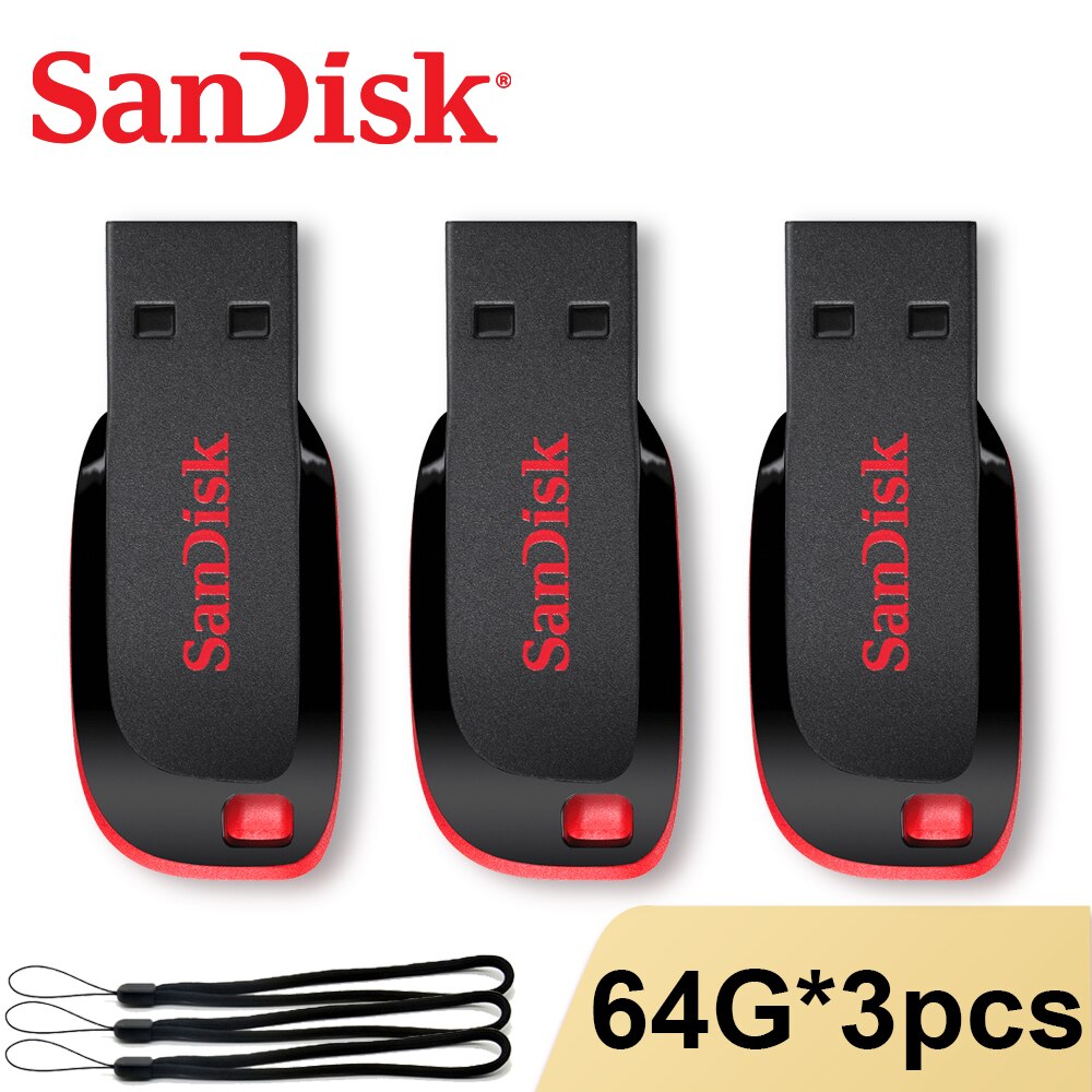 SanDisk Cruzer Blade USB 2.0 Flash Drive 128GB 64GB 32GB 16G Pendrive Original Sandisk Memory Stick SDCZ50 Flash Disk USB2.0: 64G - 3pcs