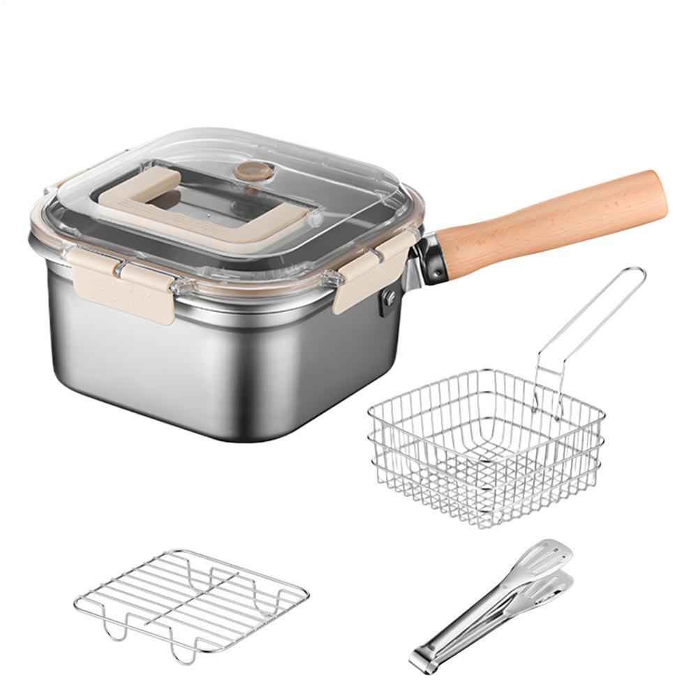 Frityrgrytesett i rustfritt stål, bærbar fiskefrityrkoker med oljedryppstativ, firkantet frityrgryte, japansk oljebesparende frityrkoker: Default Title