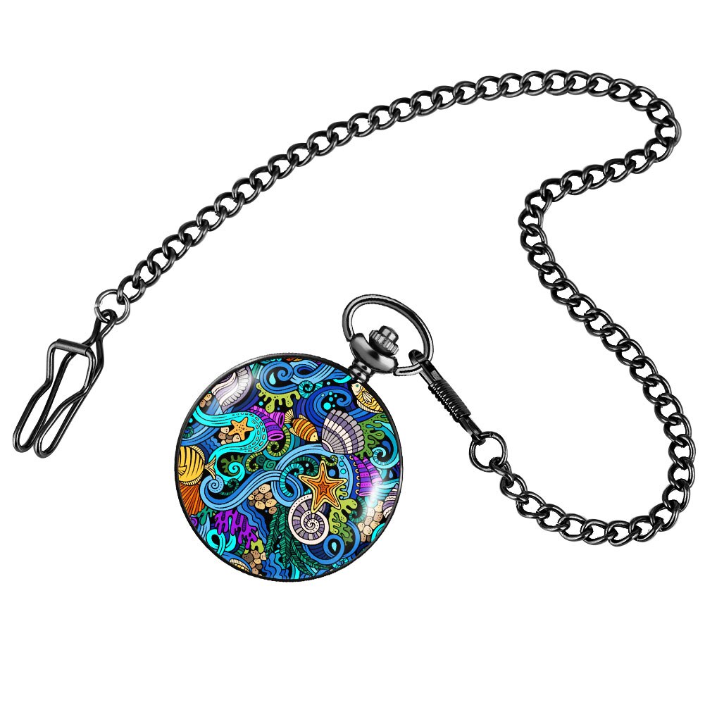 a la mar mundo patrón pintado reloj de bolsillo de los hombres COLLAR COLGANTE de las mujeres Cadena de aleación de Retro Relojes para amigo, Relojes