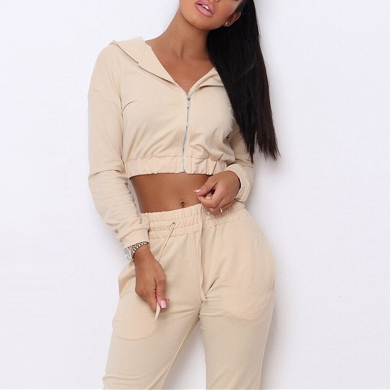 Mode Sport Tweedelige Set Trainingspak Vrouwen Lange Mouwen Rits Hoodie Jas Crop Top + Hoge Taille Jogger Broek Running sportkleding