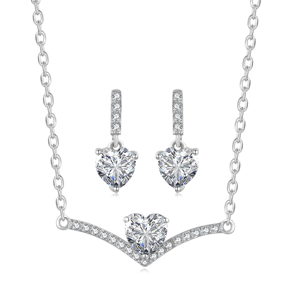 Jewelry Set For Women Korean Cute Heart Shaped Zircon Rose Gold Color Wedding Earrings Necklace Xmas Jewellry S531: Platinum Plated