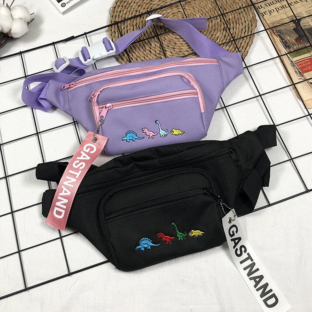 Nette Karikatur Dinosaurier Stickerei Große Taille Tasche Frauen Handy, Mobiltelefon Harajuku Hüfte hüpfen Straße Brust fanny Pack Brust tasche einfarbig