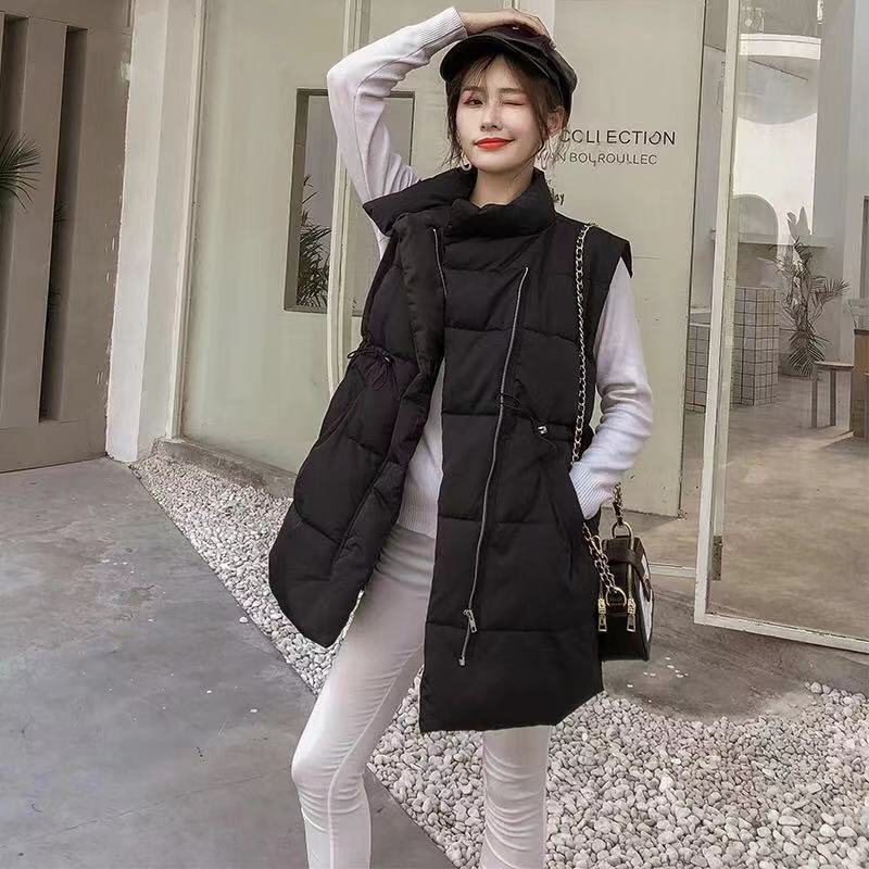 Winter Long Sleeveless Vest Coats Women Stand Neck Slim Cotton Padded Jacket Vests Korean Zipper Jacket Woman Waistcoat: Black / M