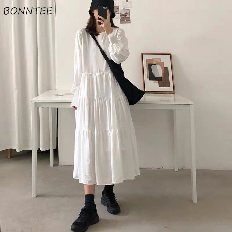 4xl langærmede kjoler kvinder løs koreansk temperament kvindelig dejlig midikjole o-hals forår afslappet ensfarvet vestidos de mujer