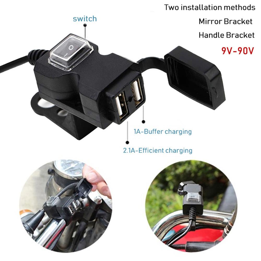 Dual USB Port 9-24V/9-90V 1A And 2.1A Waterproof Motorbike Motorcycle Handlebar Charger Adapter for Mobile Phone