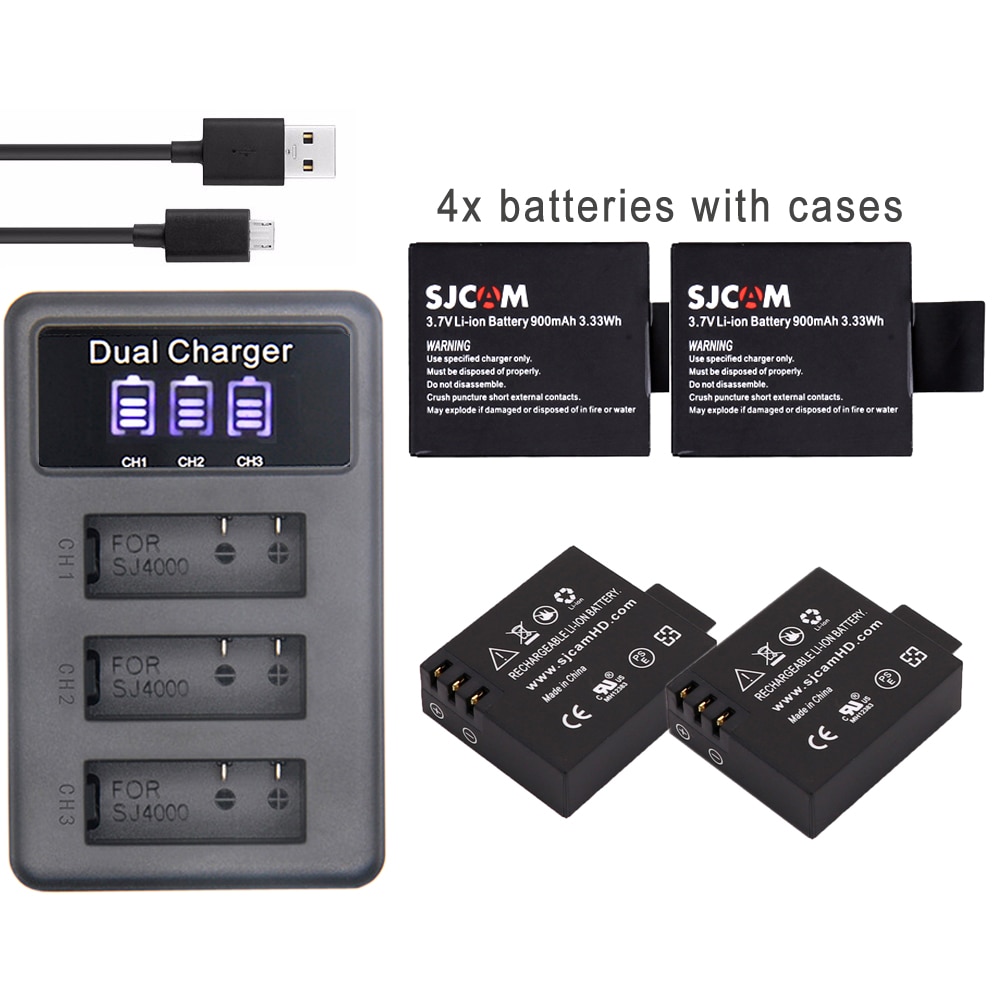Batería Para SJCAM 5000 sj 7000 sj 4000, batería eken sj5000 sj6000 sj7000 SJ8000 SJ9000 M10, baterías + SJ4000 LCD, 3 lotes de carga