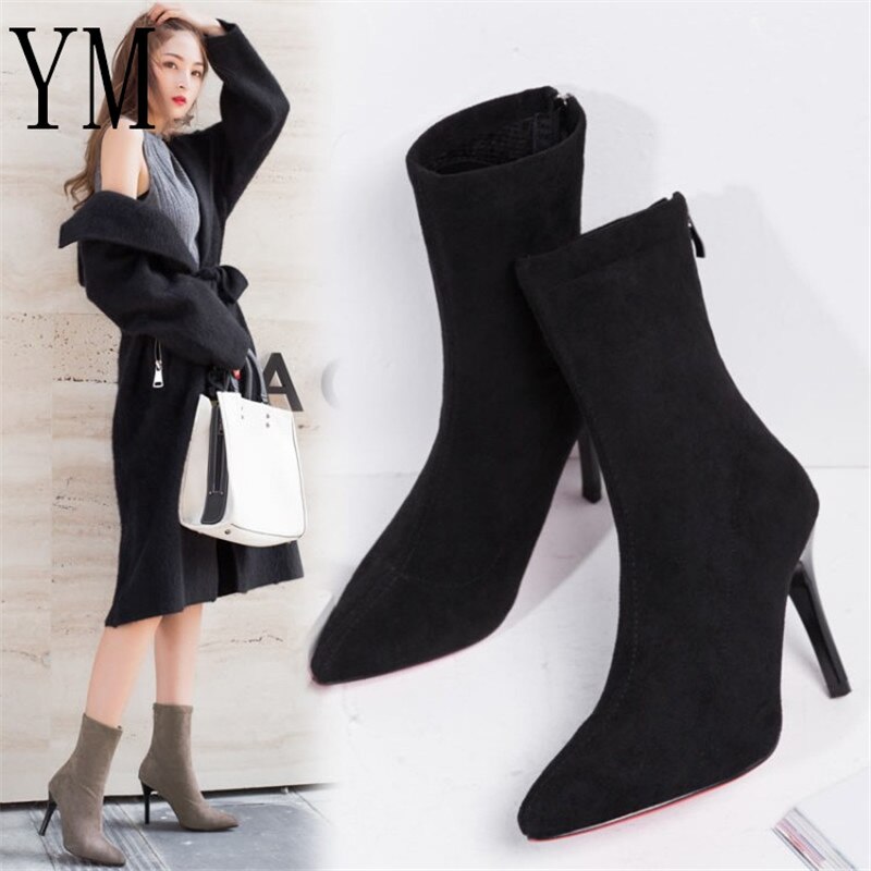 Dam sock boots spetsiga tå elastiska hög slip on häl hög ankel pumps stilett botas mujer höga boots zapatos muje