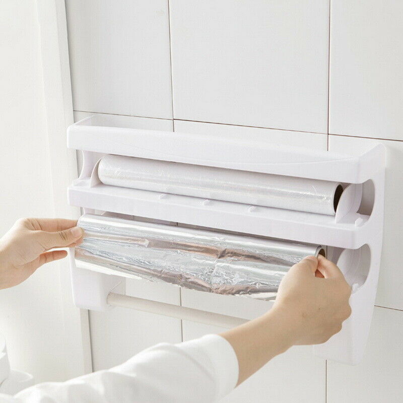 4- i -1 køkkenrulle dispenser husholdningsfilm stan folie håndklædeholder vægmonteret konserveringsfilm aluminium papir sauce opbevaringsholder