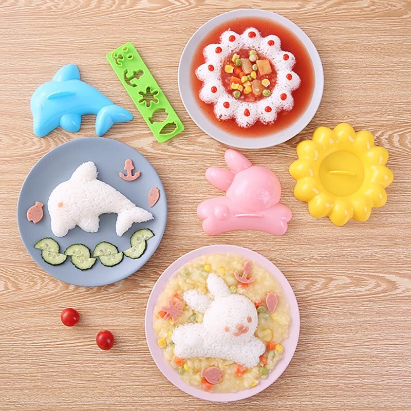 Moldes de arroz 3D con dibujos de animales para hacer Sushi, molde de arroz, herramienta de molde de almuerzo para niños, accesorios de cocina, 4 Uds.