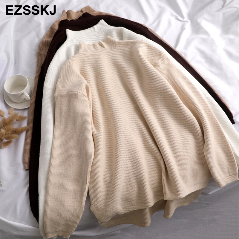 Pull ample femmes pull décontracté col roulé à manches longues chic surdimensionné tricot pull femme pulls fendu côté haut