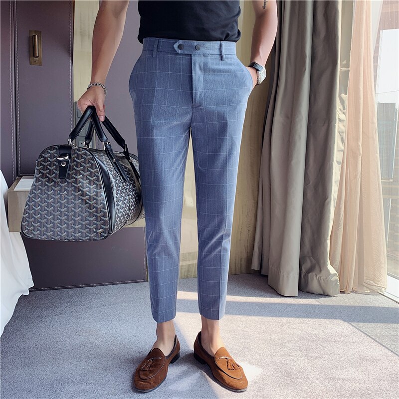 Pantalon Costume Spring Summer Plaid Casual Dress Ankle Pants Men's Social Trousers British Style Ankle-length Mens Dress Pants: Blauw / 34