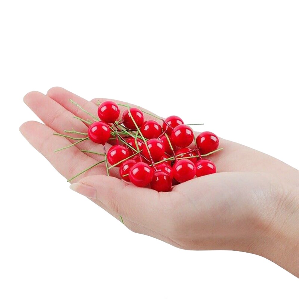 100Pcs Christmas Leaf Tree Red Artificial Cherry Holly Berry Branch Ornaments