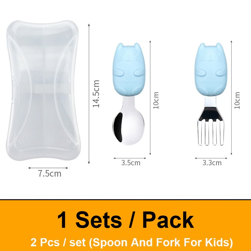 Spoon And Fork For Kids Children's Cutlery Set Cute Cartoon Metal spoons And Forks Stainless Steel Eco Friendly Kids Tableware: Blue 1 set