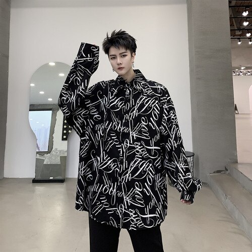 Streetwear Camisa negra de manga larga con estampado de letras Punk gótico para de noche Camisa de talla grande blusas largas Camisa masculina: XL