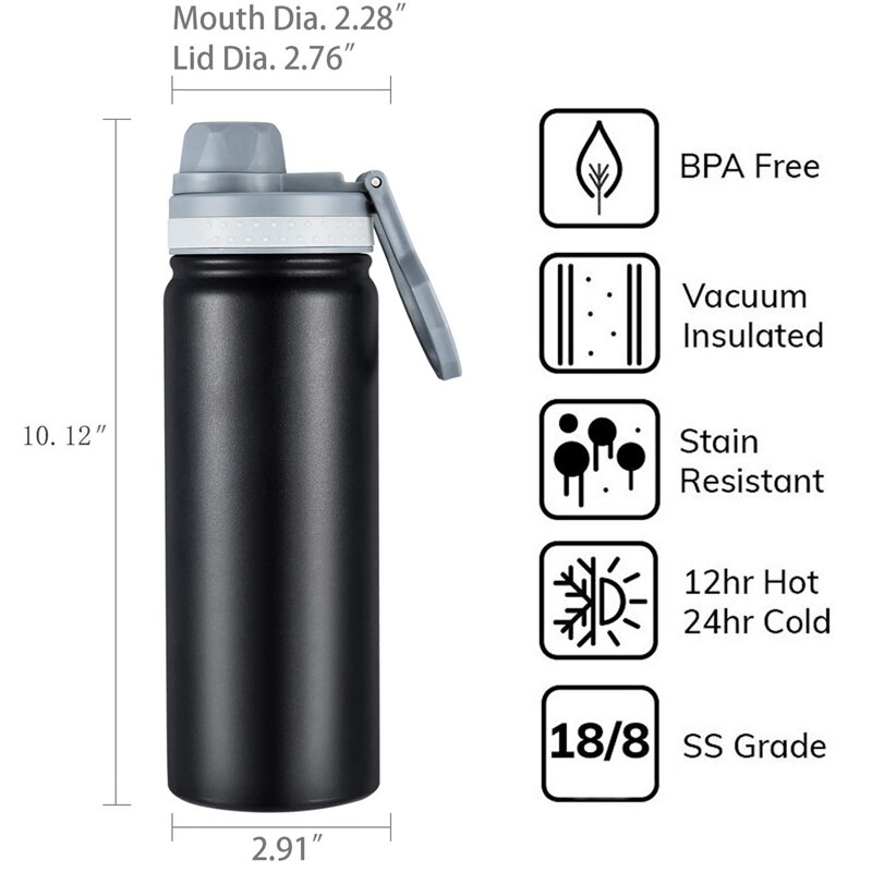 Botella de Metal de boca ancha para agua , termo de acero inoxidable con aislamiento al vacío, color negro, para viaje, 530ML