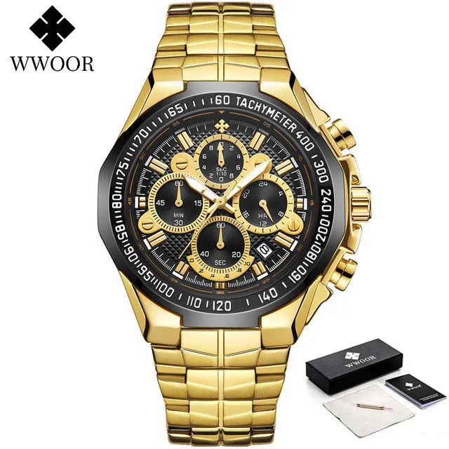 2024 WWOOR herren Uhr Top Luxus Schwarz Armbanduhr Sport Chronograph Stahl Quarz Männer Uhren Relogio Masculino: Elfenbein