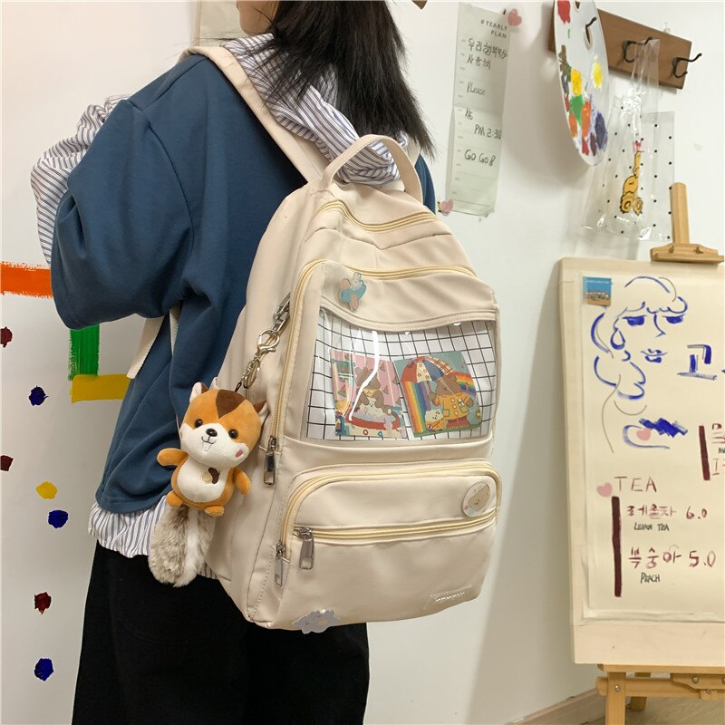 Moda ITA plecak wodoodporny Nylon dla kobiet Laptop panie śliczny żeński plecak Kawaii Student mężczyźni przezroczysty tornister: Beżowy / With-Accessories