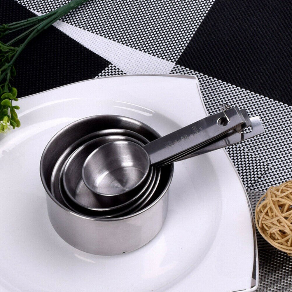 5pcs/set Baking Practical Durable Cooking Non Toxic Kitchen Tool Gadgets Stainless Steel Portable Measuring Cups Silver Spoons
