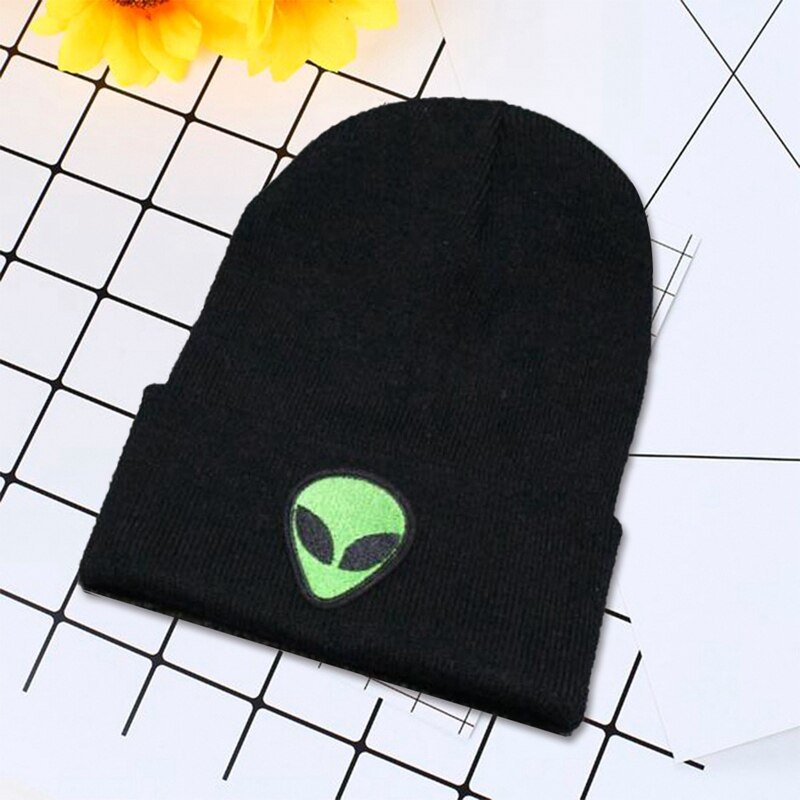 Autumn And Winter Alien Head Embroidered Wool Knitted Men's Beanie Hat For Women Outdoor Windproof Warm Soft Folding Cold Hat