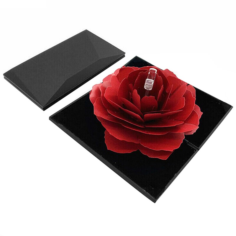 Rotating Rose Ring Box Folding Jewelry Storage Box Case for Proposal Wedding Engagement DTT88: Black