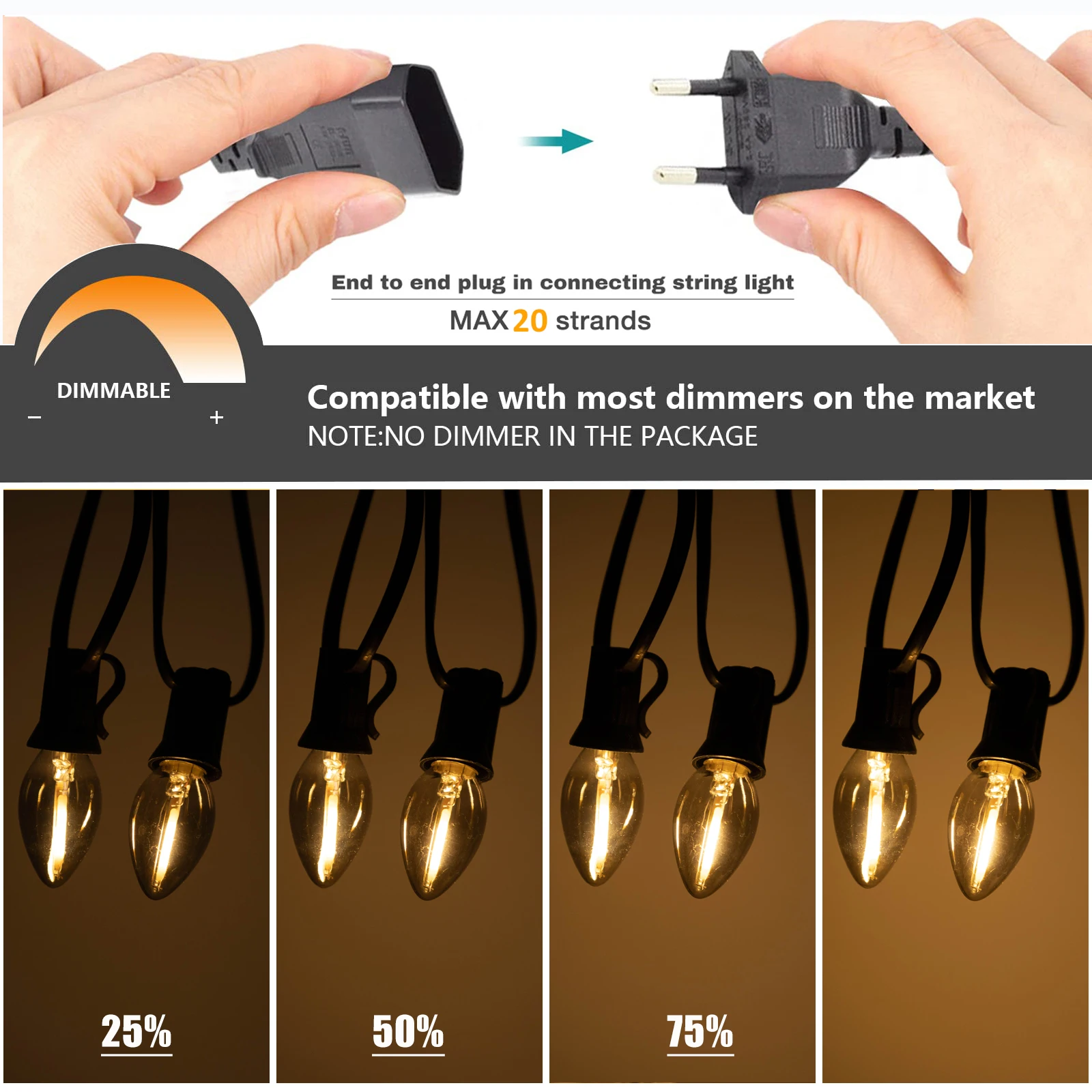 Outdoor C7 LED-Lichterkette, Vintage-Kerzenlampen mit E12-Fassungen, Feengirlande, Beleuchtung für Hochzeit, Geburtstag, Party, Dekoration