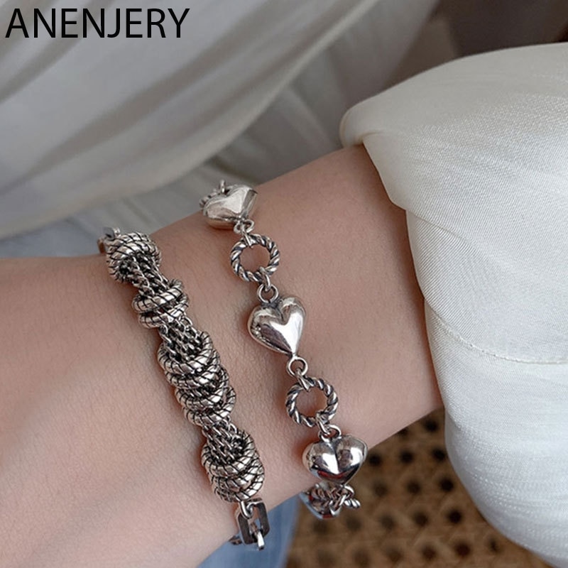 Anenjery 925 Sterling Zilveren Cirkel Hart Armband Voor Vrouwen Vintage Kwastje Armband Sieraden S-B507