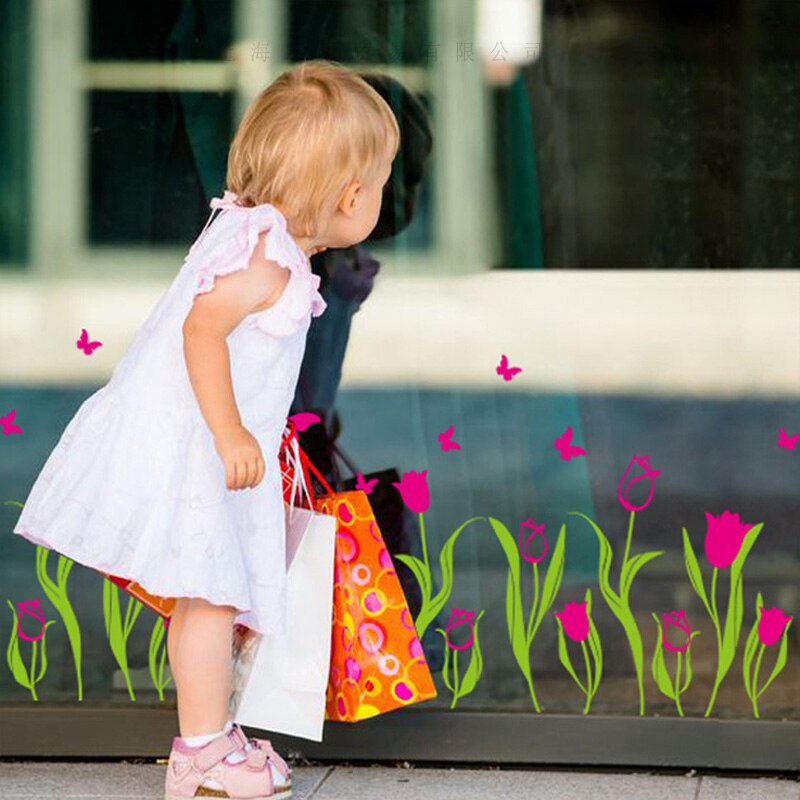 rose røde tulipaner blomster vindusklistremerker pvc-materiale sommerfugler gjør-det-selv-veggdekor til stue butikk glass vindu dekorasjon