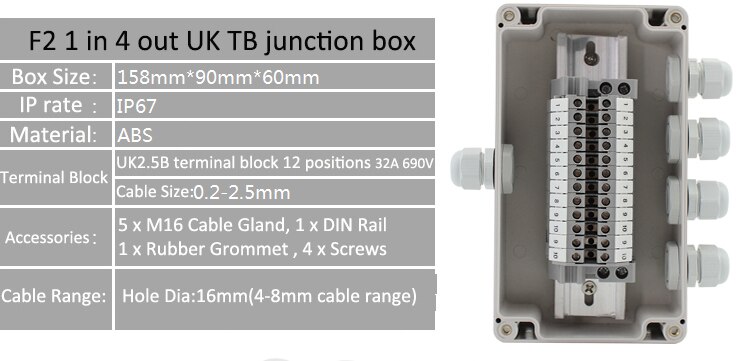 Waterproof Electrical Cable Junction Box Project Enlcosure Case 158*90*60mm with UK2.5B Din Rail Terminal Blocks M16 Cable gland: 1 in 4 out